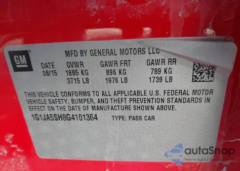 2016 Chevrolet Sonic Ls Auto z USA, uszkodzony, nr VIN 1G1JA5SH8G4101364